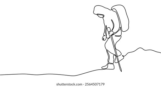 Man hiking with a stick, symbolizing adventure, health, and nature. One line drawing capturing the essence of hiking and outdoor activities. Vector illustration hand drawn.