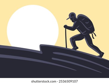 Man hiking tourist. A human with backpacks are traveling. Climbing to the top of the mountain. Active recreation and lifestyle. Vacation and weekend. Cartoon vector illustration