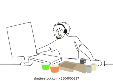 man hikka shaggy in over-ear headphones with a microphone with a dirty mouth with a bunch of food packages and a pizza box sitting at a computer desk - one line art vector. concept. Handmade vector no