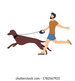 Man with him dog running in park. Owner walk with pet. Greyhaund pull leash. Pet care concept. Vector illystration in flat style