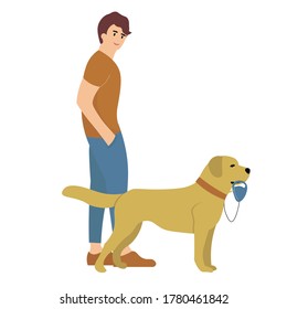 Man with him dogs go in park. Owner walk with pets labrador. Professional walker. Pet care concept. Vector illystration in flat style