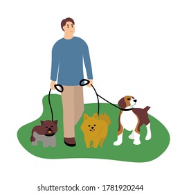Man with him dogs running in park. Owner walk with pets. Professional walker. Pet care concept. Vector illystration in flat style