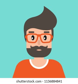 man hipster avatar. cartoon guy with black hair and red glasses.  flat icon on blue background. user person character. vector illustration. 