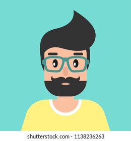 man hipster avatar. cartoon guy with black hair and red glasses.  flat icon on blue background. user person character. vector illustration. 