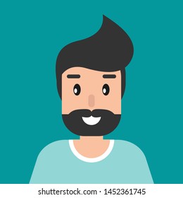 man hipster avatar. cartoon guy with black hair.  flat icon on blue background. user, person character, profile, account. vector illustration. 