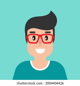 man hipster avatar. cartoon guy with black hair and red glasses.  flat icon on blue background. user person character. vector illustration. 