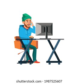 man hipster choosing on computer and ordering technics on phone cartoon vector. man hipster choosing on computer and ordering technics on phone character. isolated flat cartoon illustration
