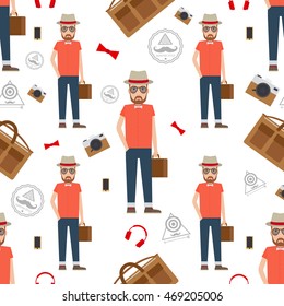 Man hipster flat style seamless pattern. Vector illustration