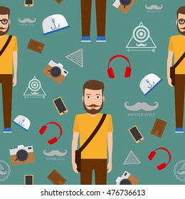 Man hipster flat style seamless pattern. Vector illustration