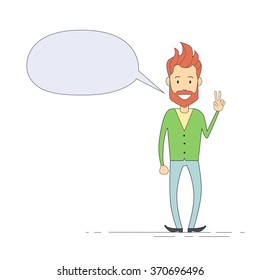 Man Hipster Hand Point Two Finger Up Peace Gesture Isolated Empty Chat Box Full Length Vector Illustration