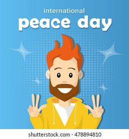 Hombre Hipster Punto De Mano Dos Dedo Arriba Afiche Vector Plano De Festividad Internacional De La Paz Ilustración