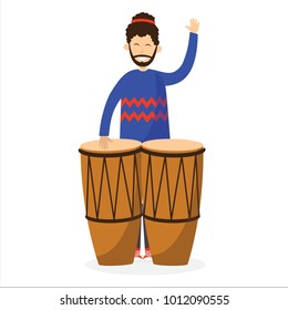 Man hipster playing bongos , cartoon vector illustration isolated on white background.