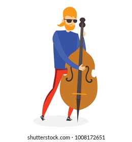 Man hipster playing contrabass , cartoon vector illustration isolated on white background.