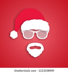 Man Hipster in Santa Claus hat. Paper art style Christmas illustration. Vector banner.