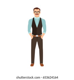 Man in a hipster style clothes and sun glass isolated vector illustration on white background