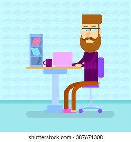 Man Hipster Work Laptop Computer, Sitting Desk Flat Vector Illustration