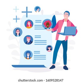 Man Hiring employees Concept,  Human Resources, Recruitment, Online Interview for web page, banner, presentation, social media. Vector illustration. People Searching Job, Recruitment Agency