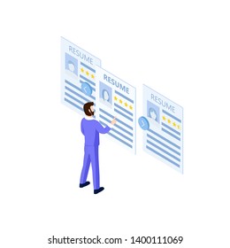 A man hiring a workers. Isometric vector illustration