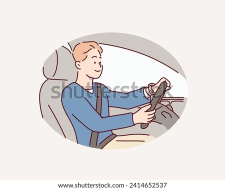 man in his 30s sitting in the driver's seat and smiling. Hand drawn style vector design illustrations.