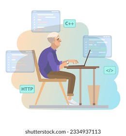 a man in his 50s works as a programmer in the office and develops applications