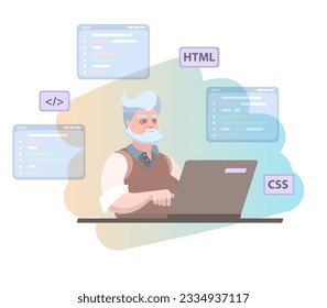 a man in his 50s works as a programmer in the office and develops applications