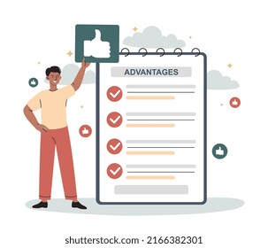 Man with his advantages. Young guy celebrating completed tasks, motivation and leadership. Time management and efficient employee or entrepreneur wis tasks, done. Cartoon flat vector illustration
