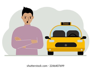 A man with his arms crossed near a yellow taxi car. Vector flat illustration