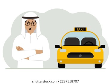 A man with his arms crossed near a yellow taxi car. Vector flat illustration