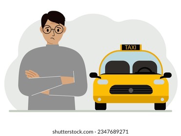 A man with his arms crossed near a yellow taxi car. Vector