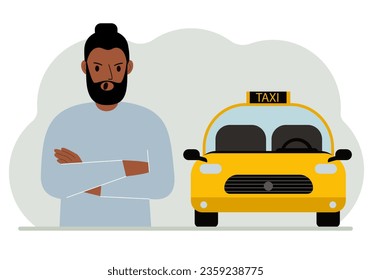 A man with his arms crossed near a yellow taxi car. Vector