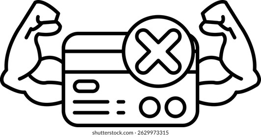 A man with his arms raised and a credit card with an X on it. Concept of rejection or disapproval of the credit card