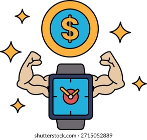 A man with his arms raised and a dollar sign above him. The dollar sign is surrounded by a circle. The image is of a watch with a dollar sign above it