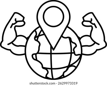A man with his arms raised and a globe with a pin on it. The globe is surrounded by the man's muscles