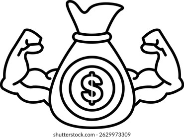 A man with his arms raised is holding a bag with a dollar sign on it. Concept of strength and wealth