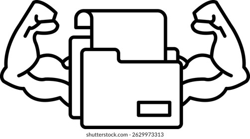 A man with his arms raised is holding a folder. The folder is open and has a white background. Concept of strength and power, as the man's muscles are on full display
