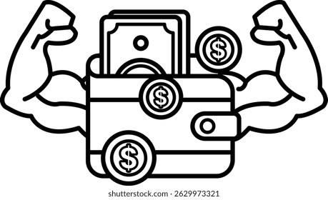 A man with his arms raised is holding a wallet with a lot of money in it. The wallet is filled with coins and bills, and the man's muscles are visible. Concept of strength and wealth