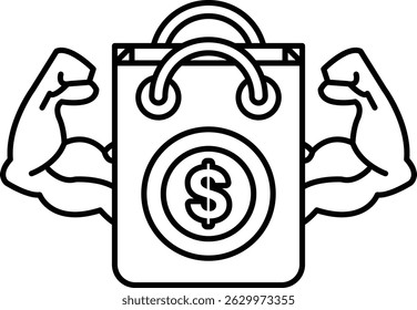 A man with his arms raised is holding a shopping bag with a dollar sign on it. Concept of strength and financial stability