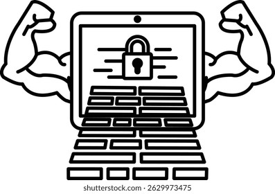 A man with his arms raised is holding a tablet with a lock on it. Concept of strength and security