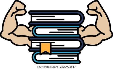 A man with his arms raised is holding a stack of books. Concept of strength and knowledge, as the man's muscles represent the power of the mind and the books represent the wealth of information
