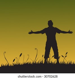 Man with his arms wide open in summer  background