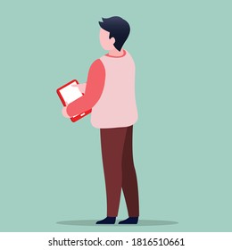 
A Man From His Back Standing And Holding An IPad In His Hand Vector Flat Design Illustration