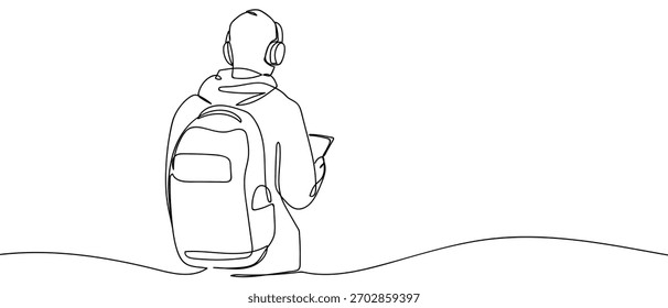 Un hombre con la espalda volteada, con auriculares y un bolso, una línea continua. Ilustración vectorial de contorno simple.