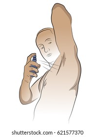 The man with his bare torso raised his hand and used for the armpit deodorant. A man uses a deodorant. Colored Vector illustration.