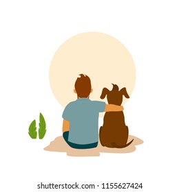 Man And His Best Friend Dog Cuddle Hug, Backside View Cute Cartoon Vector Illustration Scene