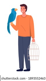 Man with his big blue parrot expecting for visiting a doctor in vet clinic isolated on white. Happy male character bought a bird in a store, prepared a cage for him, guy holding parrot on his hand