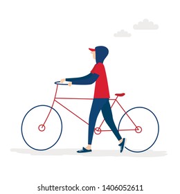Man with his bike. Active man is enjoying bike ride. Healthy lifestyle, Eco transportation. Vector Illustration