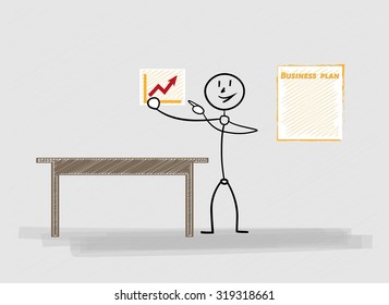 man and his business plan, chart, table on gray background