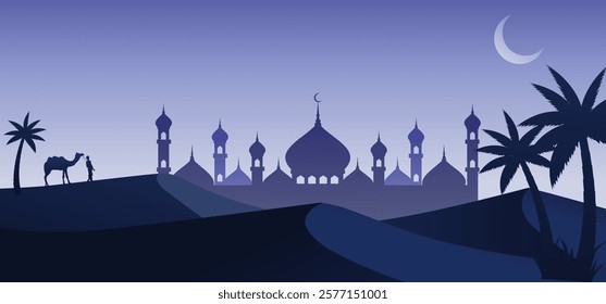 Man and his camel in desert night with mosque and crescent moon background, arabia desert landscape night view, silhouette vector illustration, Islam or Ramadan concept