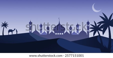 Man and his camel in desert night with mosque and crescent moon background, arabia desert landscape night view, silhouette vector illustration, Islam or Ramadan concept