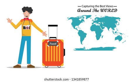 A man with his camera traveling around the world to capture good view or shoot concept. Modern designed, easy to edit and customize. Banner flat style. Vector illustration